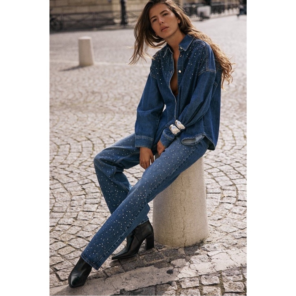 Zara Rhinestone Straight Leg Jeans XS 24 US 2 | High Rise Blue Y2K Party Denim - Picture 6 of 14